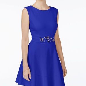 Blue Eyelet Jewel Knee Length Fit +Flare Dress